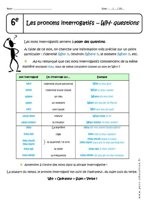 Pronoms interrogatifs 6ème Cours sur WH questions Pass Education