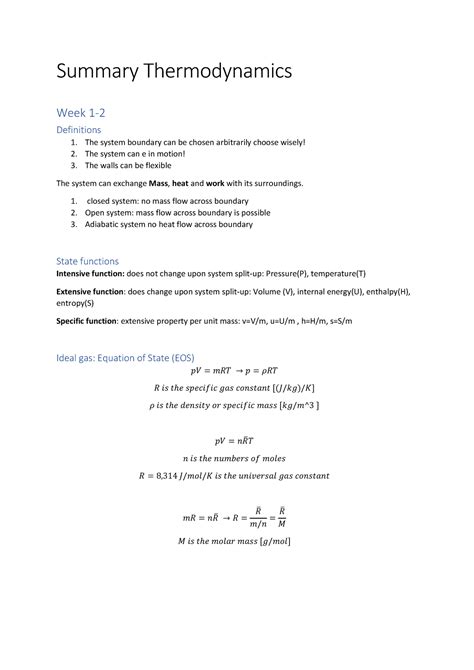 Summary Thermodynamics WK1 4 Summary Thermodynamics Week 1