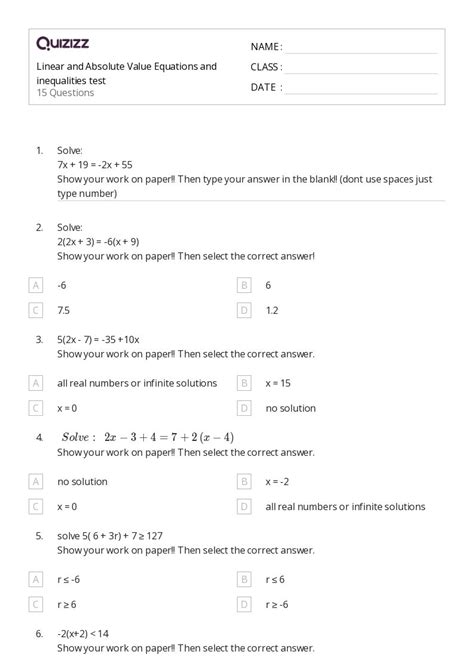 50 Absolute Value Equations Functions And Inequalities Worksheets For 11th Grade On Quizizz