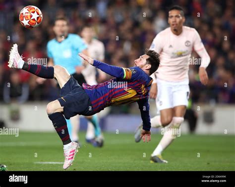 Barcelona's Lionel Messi attempts an overhead shot on goal Stock Photo ...