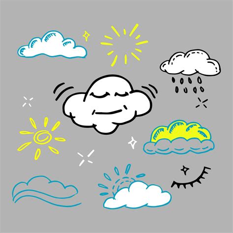 Set Of Cartoon Weather Icons With Funny Clouds Sun Rainny Sunshine