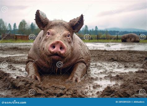 Muddy Pig Rolling In A Rain Soaked Field Stock Photo Image Of