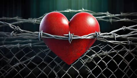 Premium Photo Red Heart Symbol Wrapped In Barbed Wire Fence