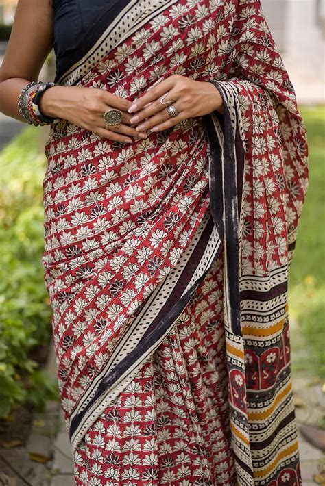 Terra Rouge Hand Block Print Mulmul Cotton Bagru Saree