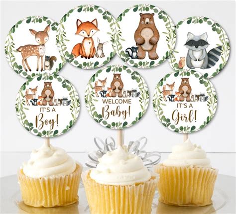 Woodland Cupcake Toppers Woodland Baby Shower Cupcake Decor Greenery