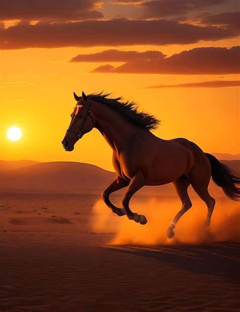 Beautiful horse is running in the desert with a sunset in the ...