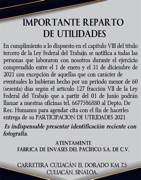 Importante Aviso Reparto De Utilidades