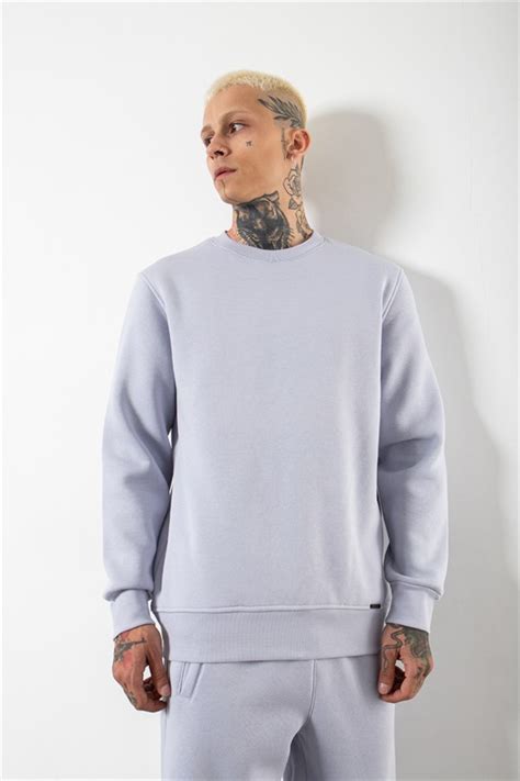 Erkek Bisiklet Yaka Basic Regular Açık Lila Sweatshirt