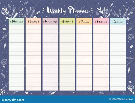 Planificador Semanal Colorido Simple Horario Floral Imprimible Del Vector Ilustración Del Vector