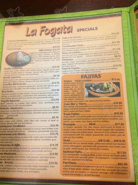 Menu at La Fogata restaurant, Arcadia, 594 Gap Farms Rd