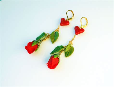 Valentine Earrings Red Roses Red Heart Earrings Polymer Clay Floral