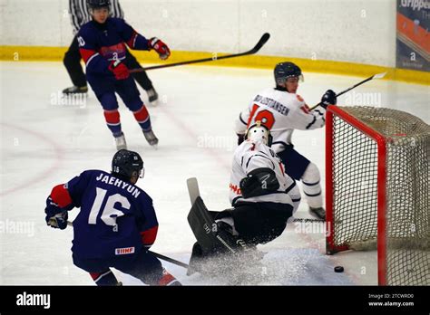 Dumfries, 14 December 2023. Korea scoring against Netherlands in a 2024 ...