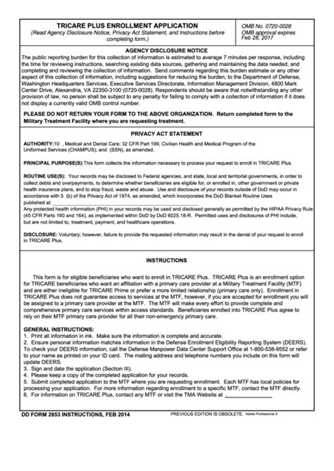 Fillable Dd Form 2853 Tricare Plus Enrollment Application February