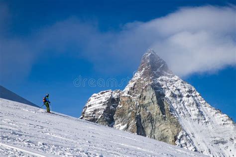 Skiing Under Matterhorn Peak Against Blue Sky Swiss Alps Editorial ...