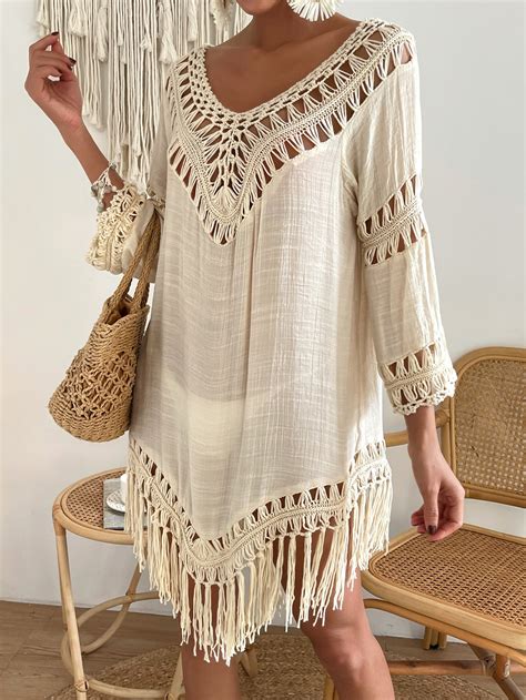 Shein Swim Bohofeel Hollow Out Fringe Hem Cover Up Shein Usa