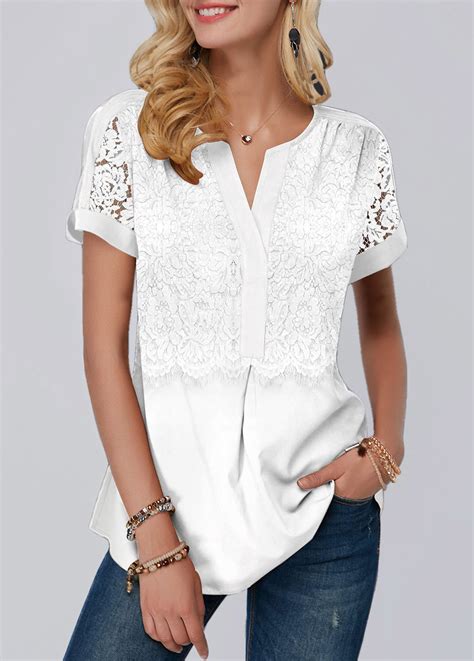 Rotita White Lace Panel Short Sleeve Blouse Usd 26 98