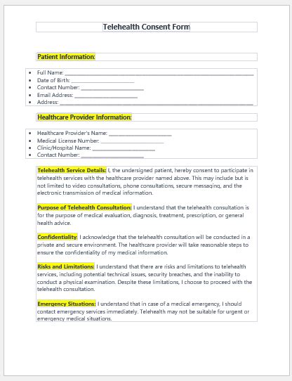 Telehealth Consent Form Template For Word Download File