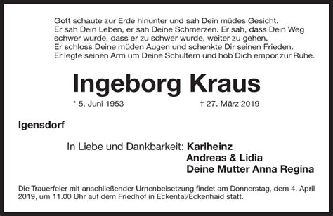 Traueranzeigen Von Ingeborg Kraus Trauer Nn De