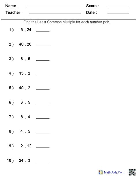 Least Common Multiples Worksheets