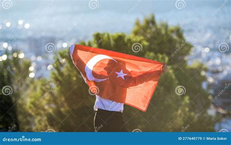 Boy Holding Turkey Flag Against City Kid Hand Waving Turkish Flag View