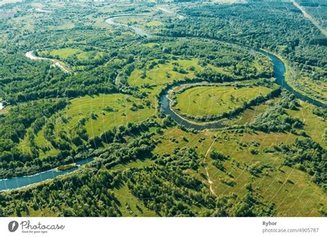 Aerial View Green Forest Woods And River Landscape In Sunny Summer Day