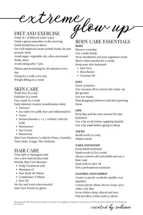 Extreme Glow Up Checklist Diet Exercise Skin And Hair Care Body Care