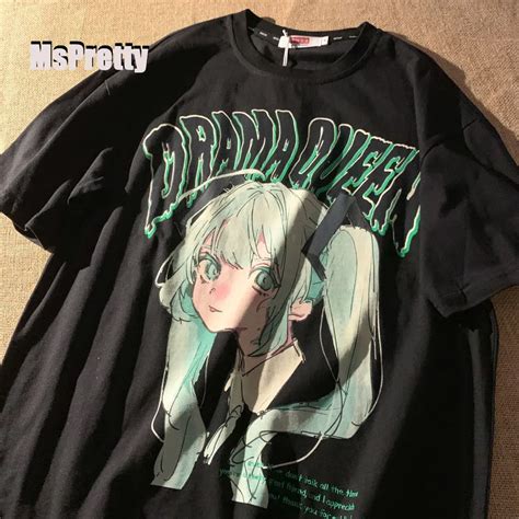 MsPretty Streetwear E dziewczyna koszulka Anime japoński Y2k szeroka