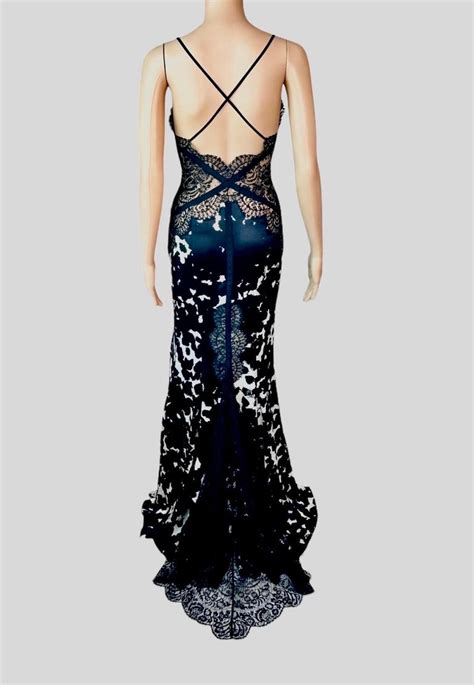 Versace Plunged Sheer Lace Panels Backless Train Evening Dress Gown For