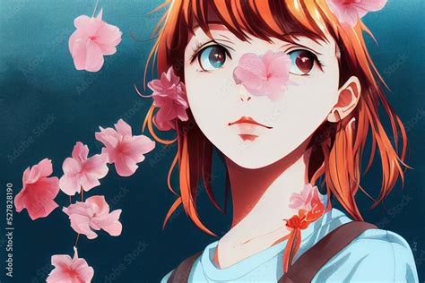 Beautiful redhead anime, manga girl in love. Cute young woman thinking ...