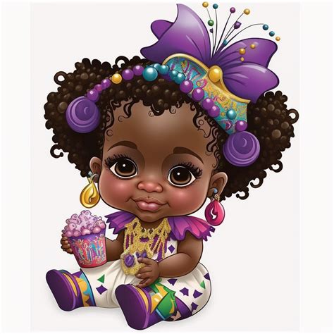 Black African American Baby Girl Mardi Gras Happy Cartoon White