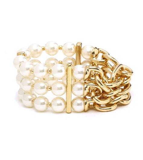 Pearl Chain Link Stretch Bracelet Gold