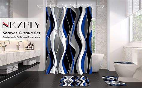 Amazon Nkzply 4 Pcs Blue And Black Striped Shower Curtain Set Grey