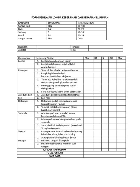 Form Penilaian Lomba Kebersihan Dan Kerapian Ruangan Pdf