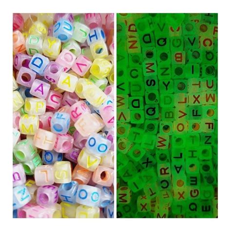 Tem Oito Letras Voa E Brilha No Escuro - Miçanga Brilha No Escuro Letras Infantil Neon quadrada Aprox 210un ...
