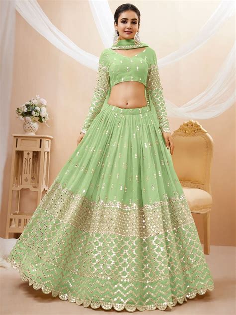 Buy Pastel Green Sequins Georgette Lehenga Choli Online At Ethnic Plus