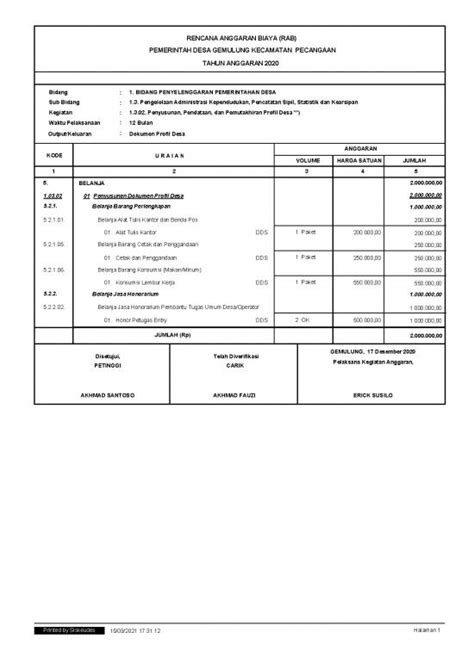 File Rab Rencana Anggaran Biaya Id 20380 Prioritas Dana Desa 2021