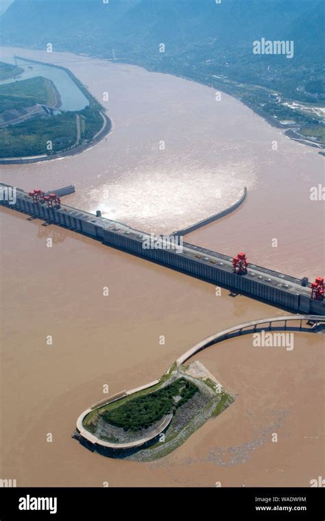 Panoramic view of the Three Gorges Dam releasing water for flood ...