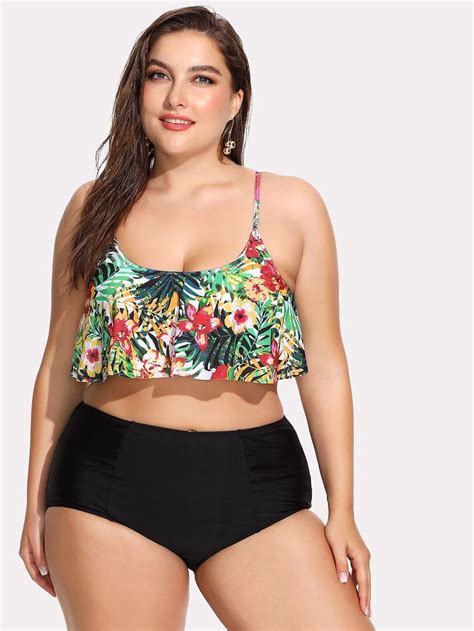 Plus Flower Print Flounce Top With High Waist Bikini Set Shein