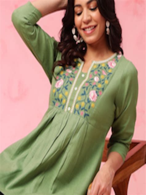 Buy Anouk Green Floral Embroidered Thread Work Pure Cotton A Line Kurti