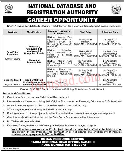 Latest Nadra Office Karachi Jobs August 2023 Walk In Interview