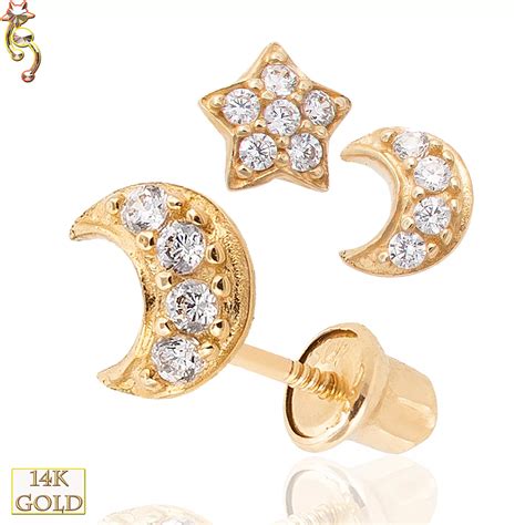 K Solid Gold Screw Back Baby Earring X Mm Star Moon Body Jewelz