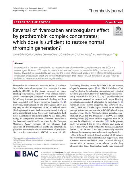 Pdf Reversal Of Rivaroxaban Anticoagulant Effect By Prothrombin