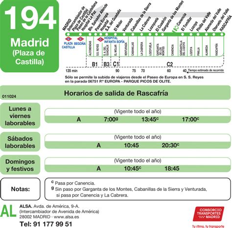 Horarios de autobús 194: Madrid (Plaza Castilla) - Rascafria