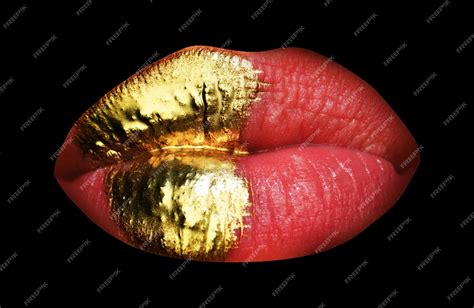 Premium Photo Golden Make Up Colorful Sexy Lips Golden Art Gold