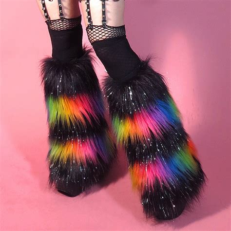 Fluffies Rave Wear Sparkle Black And Rainbow Furry Leg Warmers Etsy