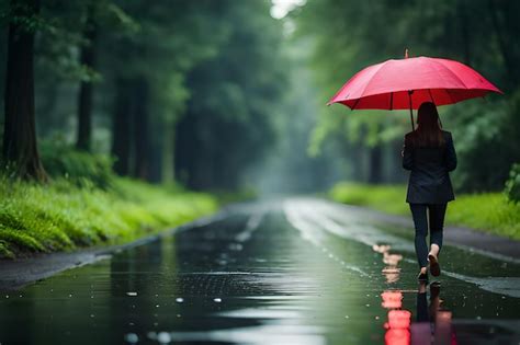 Premium Photo A Woman Walks In The Rain With An Umbrella