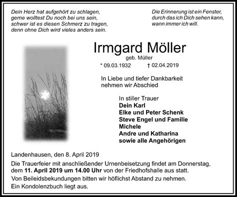 Traueranzeigen von Irmgard Möller vrm trauer de