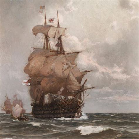 A Painting Of A Ship In The Middle Of The Ocean With Other Ships On It