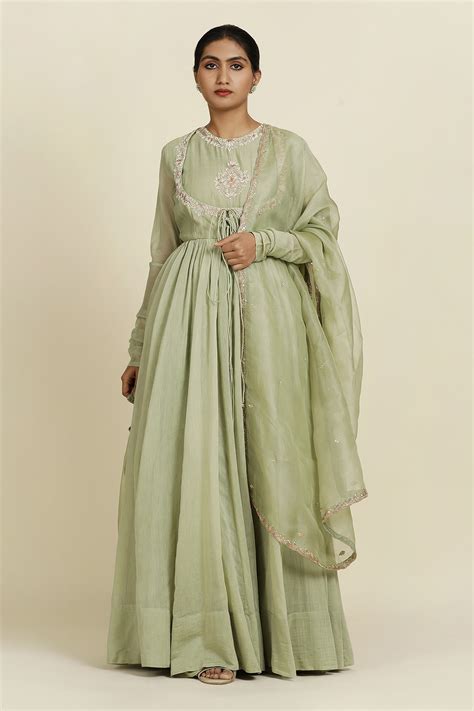 Buy Green Anarkali Chanderi Hand Embroidered Zardozi Panelled Yoke Set