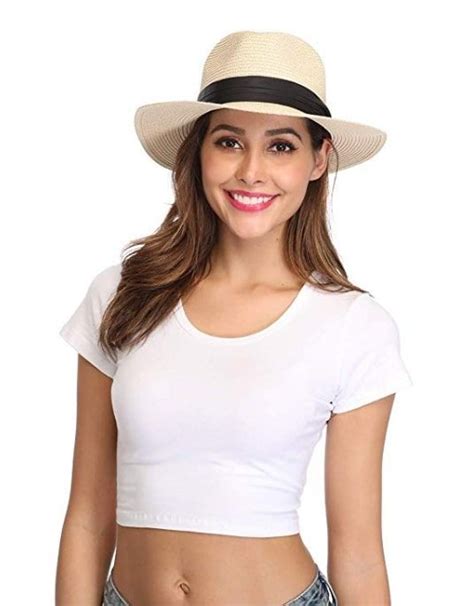 Lanzom Women Wide Brim Straw Panama Roll Up Hat Fedora Beach Sun Hat